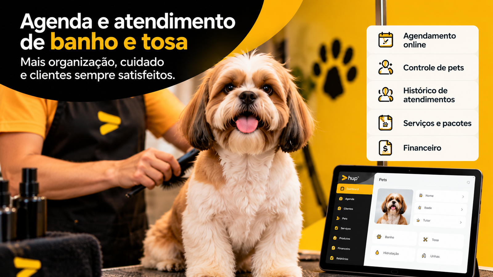 Cachorro no banho e tosa com tablet mostrando cadastro de pets no sistema Hup