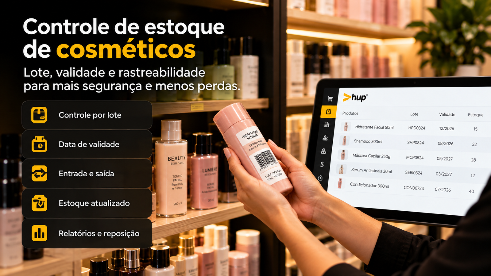 Produto cosmético com lote e validade ao lado de tela de estoque do sistema Hup