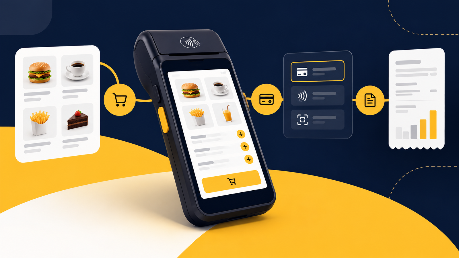 Ilustração de uma Smart POS com fluxo de produtos, pagamento e comprovante