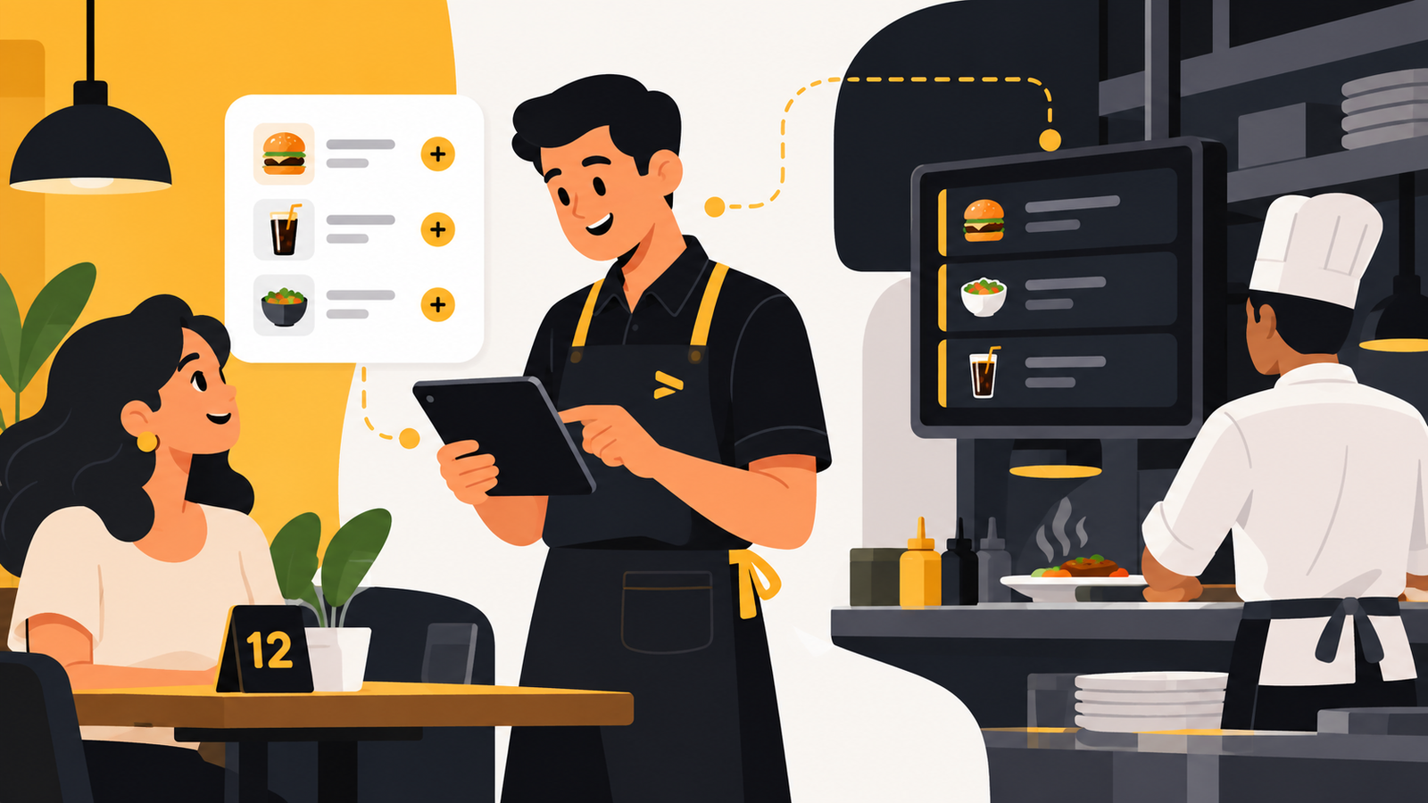 Ilustração de garçom registrando pedido no tablet, enviado ao painel da cozinha