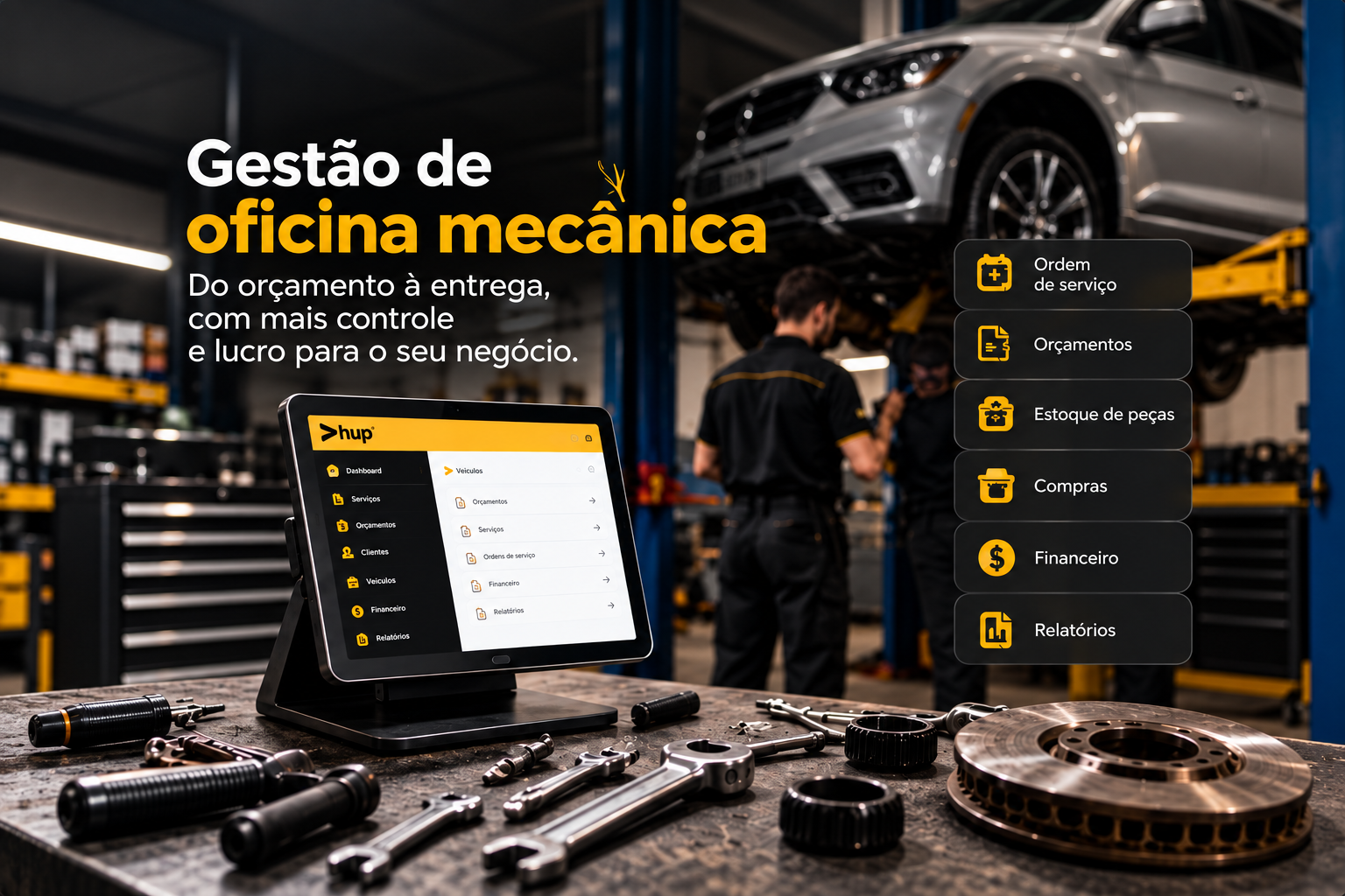 Tablet com sistema Hup e lista de recursos para gestão de oficina mecânica