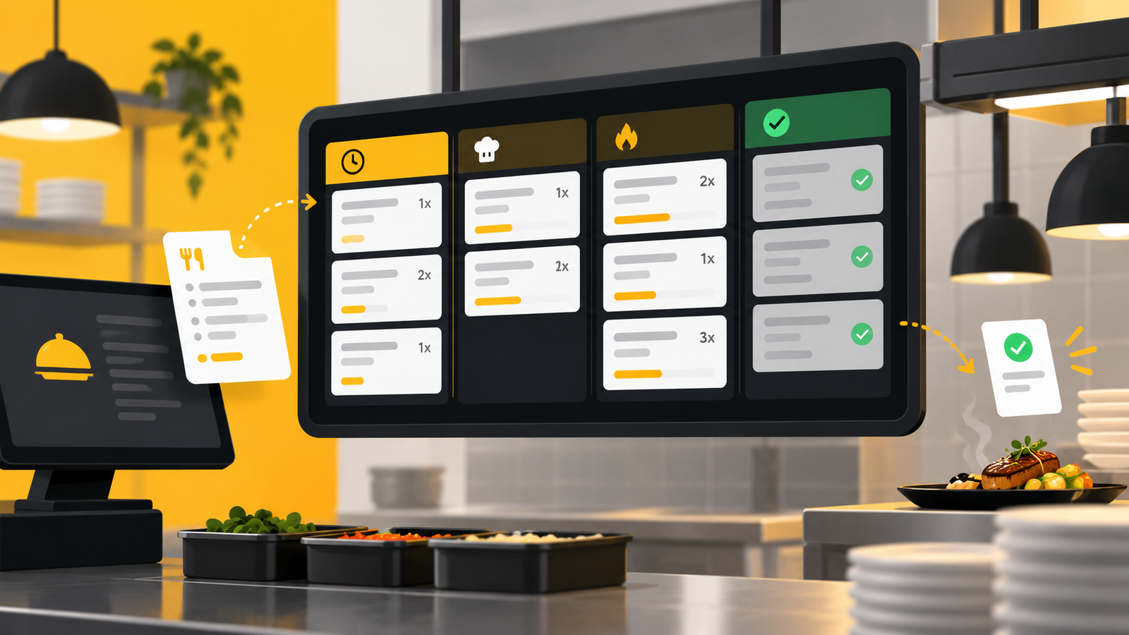 Ilustração de monitor de cozinha com pedidos organizados por etapa de preparo